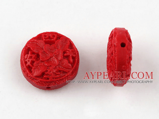 Cinnabar Beads,18mm flat round with carved flower,Red,Sold by each.