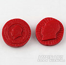 Cinnabar Beads,20mm round statue of chairman Mao,Red,Sold by each.