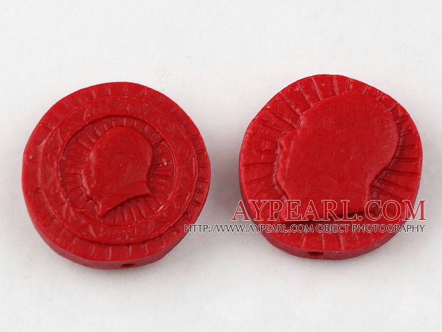 Cinnabar Beads,20mm round statue of chairman Mao,Red,Sold by each.