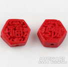 Cinnabar Beads,6*14mm hexagon,Red,Sold by each.