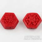 Cinnabar Beads,8*16mm hexagon,Red,Sold by each.