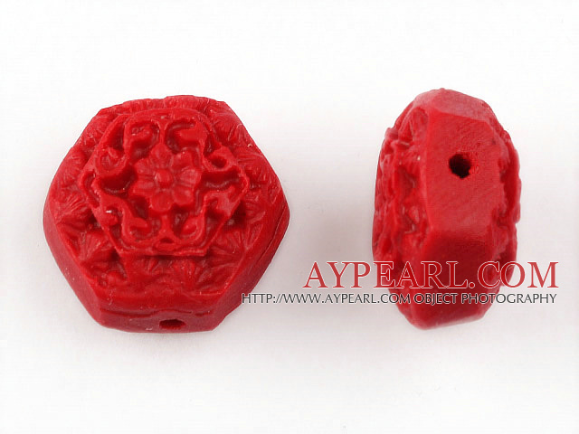 Cinnabar Beads,10*14mm hexagon ,Red,Sold by each.