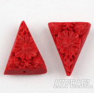 Cinnabar Beads,8*20*28mm triangle with carved flower,Red,Sold by each.