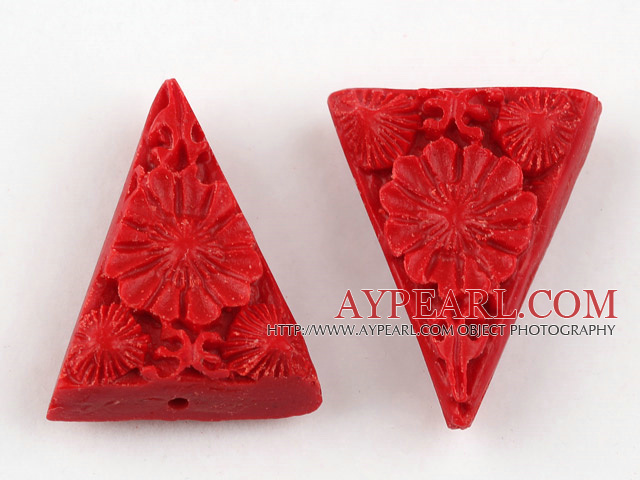 Cinnabar Beads,8*20*28mm triangle with carved flower,Red,Sold by each.