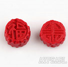 Cinnabar Beads,14mm flat round carved with Chinese character,Red,Sold by each.