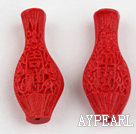 Cinnabar Beads,10*14*35mm vase with carved Chinese character,Red,Sold by each.