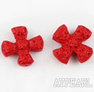 Cinnabar beads,24mm cross with the carved flower,Red,Sold by each.