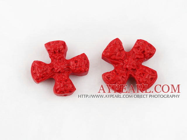 Cinnabar beads,24mm cross with the carved flower,Red,Sold by each.