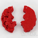 Cinnabar Beads,16*34mm half moon carved with the phenix,Red,Sold by each.