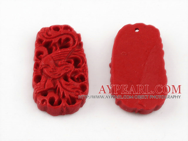 Cinnabar Beads,6*18*30mm rectangle carved with the phenix,Red,Sold by each.