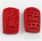 Cinnabar Beads,10*20*30mm rectangle carved with Kuan Kung ,Red,Sold by each.