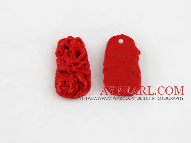 Cinnabar Beads,10*20*30mm rectangle carved with phenix ,Red,Sold by each.