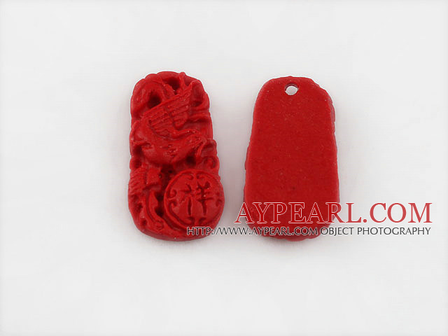 Cinnabar Beads,12*20mm rectangle carved with phenix ,Red,Sold by each