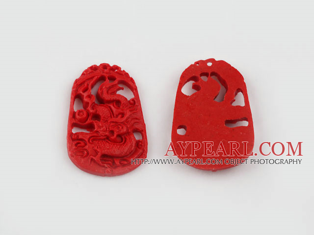 Cinnabar Beads,26*30mm carved with dragon ,Red,Sold by each
