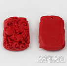 Cinnabar Beads,25*40mm rectangle carved with kylin ,Red,Sold by each