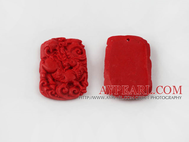 Cinnabar Beads,25*40mm rectangle carved with kylin ,Red,Sold by each
