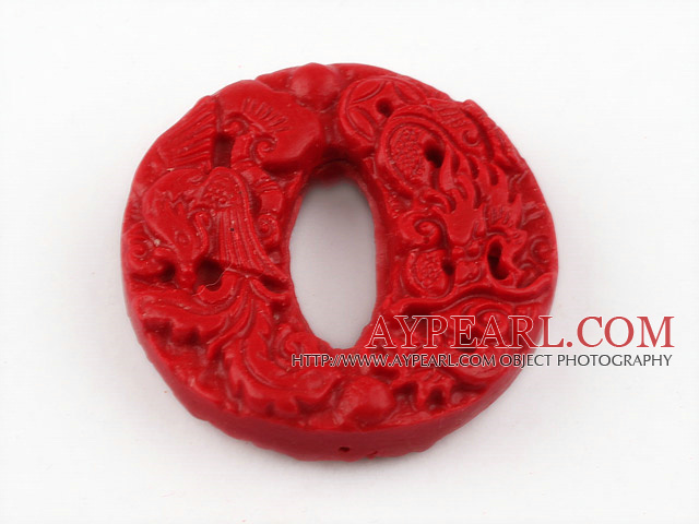Cinnabar Beads,10*40mm flat round inner oval,Red,Sold by each.