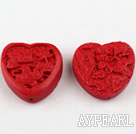 Cinnabar Beads,10*30mm heart with carved mandarin duck,Red,Sold by each.