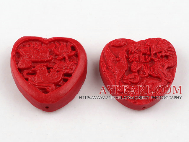 Cinnabar Beads,10*30mm heart with carved mandarin duck,Red,Sold by each.