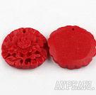 Cinnabar pendant,5*35mm flat round with carved lotus,Red,Sold by each.