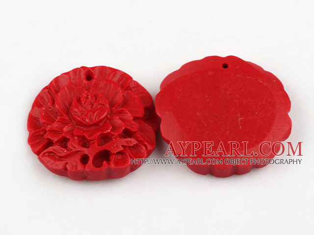 Cinnabar pendant,5*35mm flat round with carved lotus,Red,Sold by each.