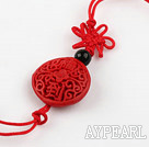 Cinnabar pendant,8*16mm flat round,carved with chinese characters,with chinese knot,Red,Sold by each