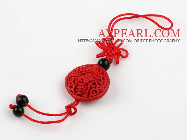 Cinnabar pendant,8*16mm flat round,carved with chinese characters,with chinese knot,Red,Sold by each