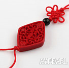 Cinnabar pendant,5*20*30mm diamond,carved with the characters,with chinese knot,Red,Sold by each