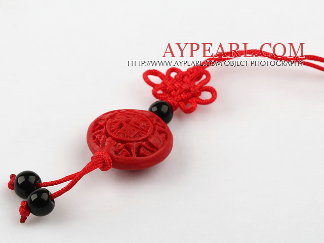 Cinnabar pendant,8*20mm flat round,with chinese knot,Red,Sold by each