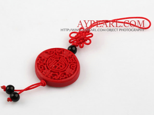 Cinnabar pendant,6*28mm flat round ,with the carved chinese characters,chinese knot,Red,Sold by each