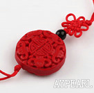 Cinnabar pendant,8*26mm flat round ,with the carved flower,chinese knot,Red,Sold by each