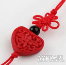Cinnabar pendant,8*17mm heart wih carved flower,with chinese knot,Red,Sold by each