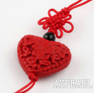 Cinnabar pendant,12*22mm heart wih carved flower,with chinese knot,Red,Sold by each