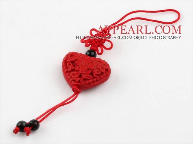 Cinnabar pendant,12*22mm heart wih carved flower,with chinese knot,Red,Sold by each