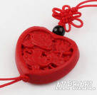 Cinnabar pendant,10*30mm heart wih carved mandarin duck,with chinese knot,Red,Sold by each