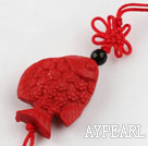 Cinnabar pendant,12*25*35mm oval,carved with the fish ,with chinese knot,Red,Sold by each