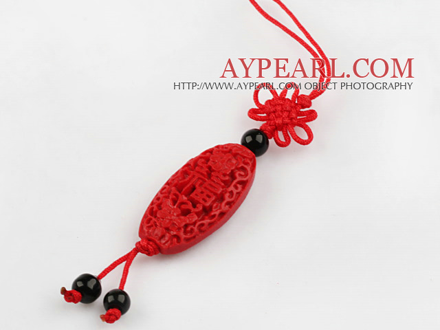Cinnabar pendant6*12*30mm flat oval,with chinese knot,Red,Sold by each