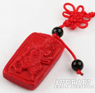 Cinnabar pendant,10*20*35mm rectangle,Kuan Kung,with chinese knot,Red,Sold by each