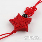 Cinnabar pendant,8*24mm star,with chinese knot,Red,Sold by each