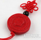 Cinnabar pendant,6*22mm,flat round chairman mao statue,with chinese knot,Red,Sold by each