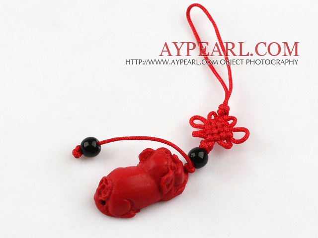 Cinnabar pendant,10*15*30mm,lucky pig ,with chinese knot,Red,Sold by each