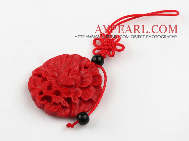 Cinnabar pendant,6835mm round,carved with the flower,with chinese knot,Red,Sold by each
