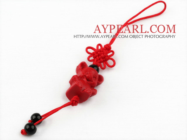 Cinnabar pendant,16*30mm pig with chinese knot,Red,Sold by each.