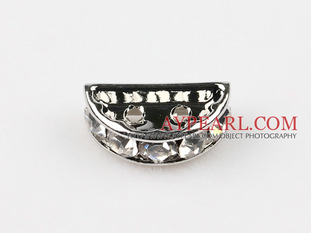 Beads,alloy and rhinestone,clear,7.5*12.5mm 2-strand half-round bridge spacer. Sold per pkg of 100.