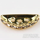 Beads, alloy and rhinestone,clear, 3.5*7.5*9mm 3-strand half-round bridge spacer. Sold per pkg of 100.