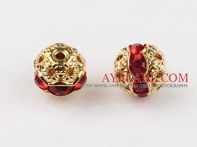 Round Rhinestone,8mm,red,with the golden flower cap,Sold per Pkg of 100
