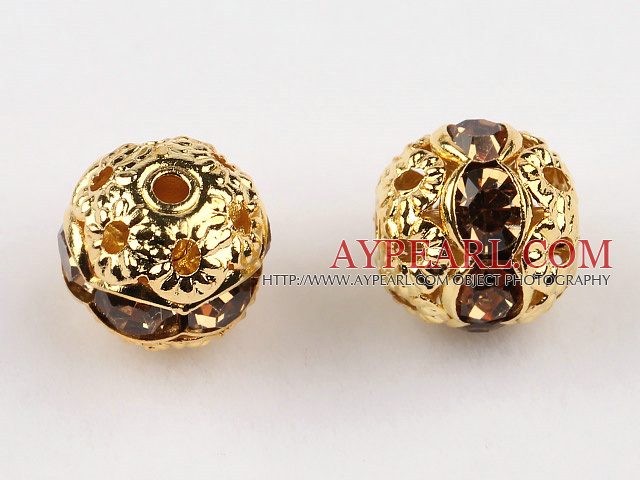 Round Rhinestone,8mm,brown,with the golden flower cap,Sold per Pkg of 100