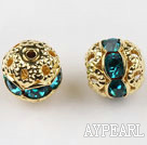 Round Rhinestone,8mm,cyan,with the golden flower cap,Sold per Pkg of 100