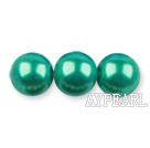 Glass pearl beads,10mm round,green, about 87pcs/strand, Sold per 32-inch strand