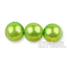 Glass pearl beads,10mm round,yellow green, about 87pcs/strand, Sold per 32-inch strand